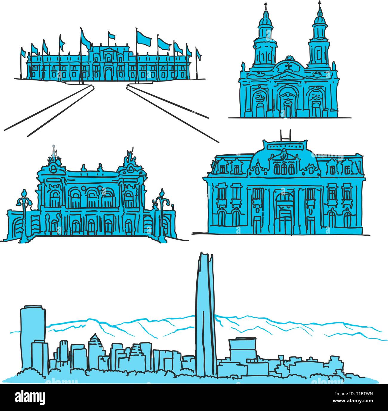 Santiago du Chili l'architecture célèbres icônes dessinés à la main, rempli de croquis vecteur. Illustration de Vecteur