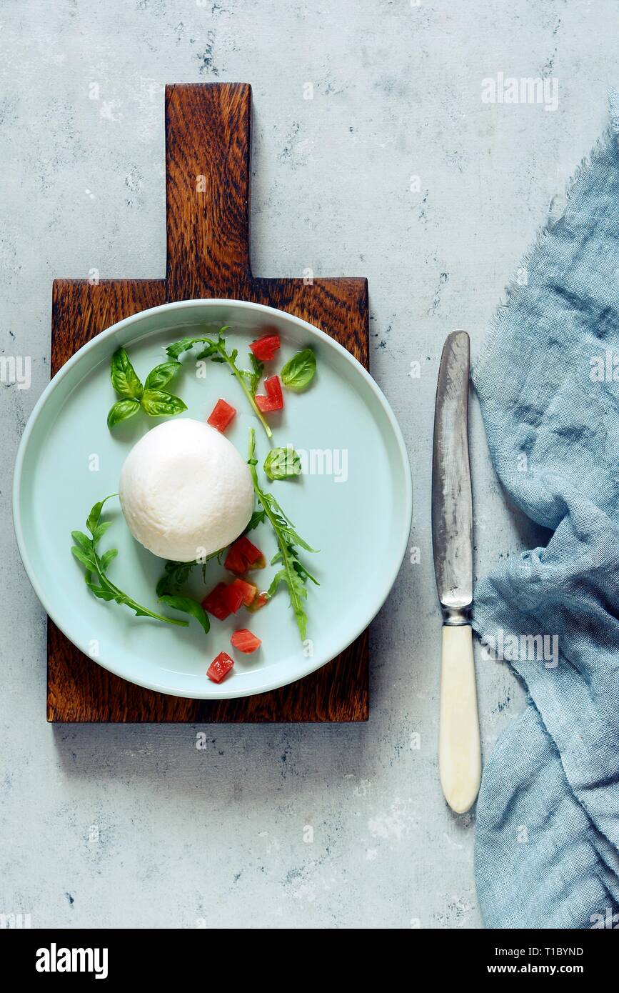 Buffalo mozzarella fromage sur une assiette à dîner avec salsa aux tomates et basilic feuilles de roquette à l'huile d'olive sur un fond gris. Les repas pour le déjeuner. Le déjeuner Banque D'Images