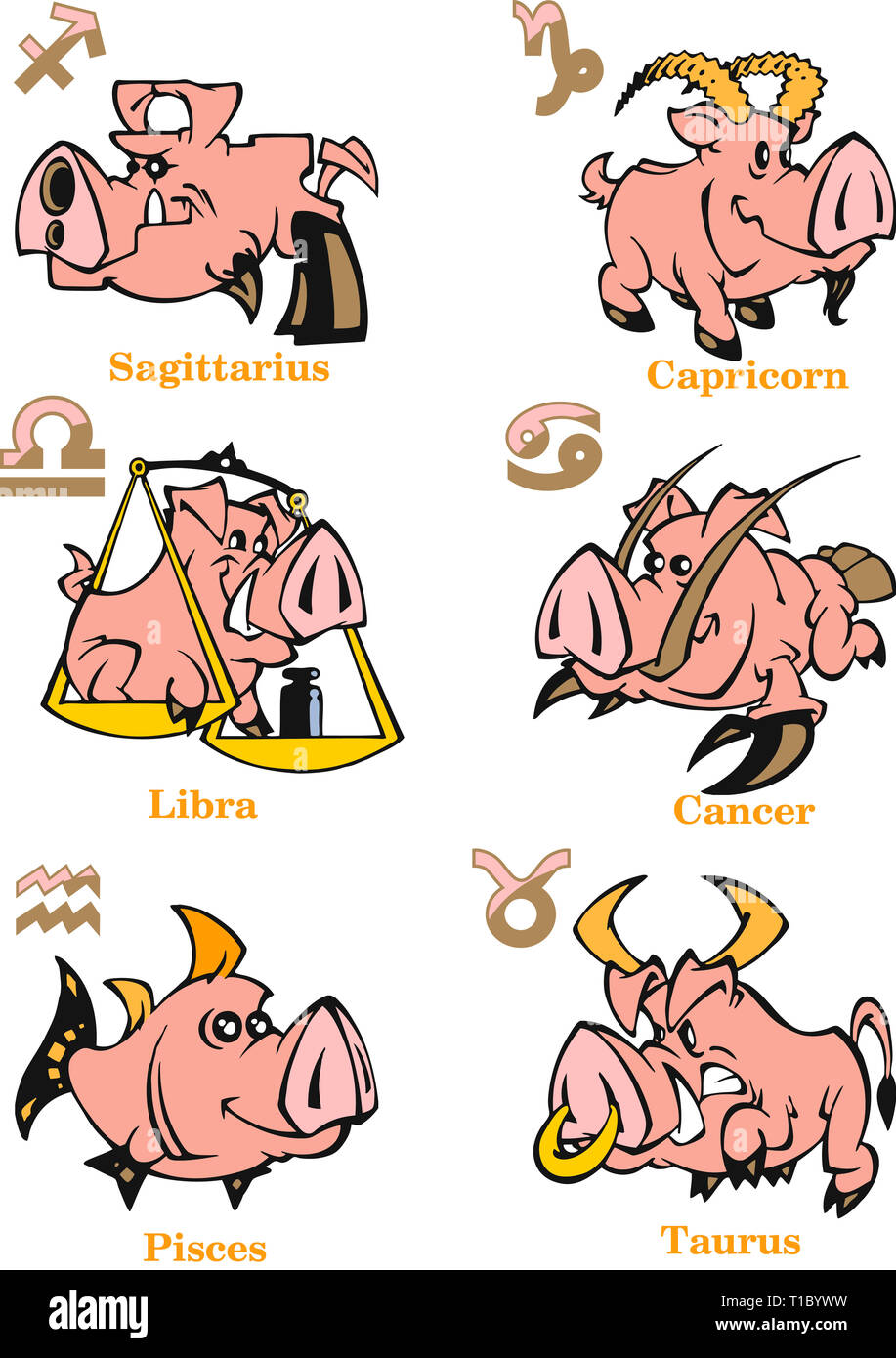 L'illustration montre un ensemble de signes du zodiaque Poissons, Taureau, Sagittaire, Cancer, balance, Capricorne pour l'horoscope astrologique chinois dans la nouvelle Banque D'Images