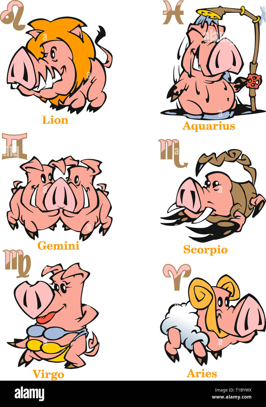 L'illustration montre un ensemble de signes du zodiaque Lion, Gémeaux, Scorpion, Vierge, Sagittaire, Verseau pour le signe astrologique horoscope dans la nouvelle année chinoise Banque D'Images