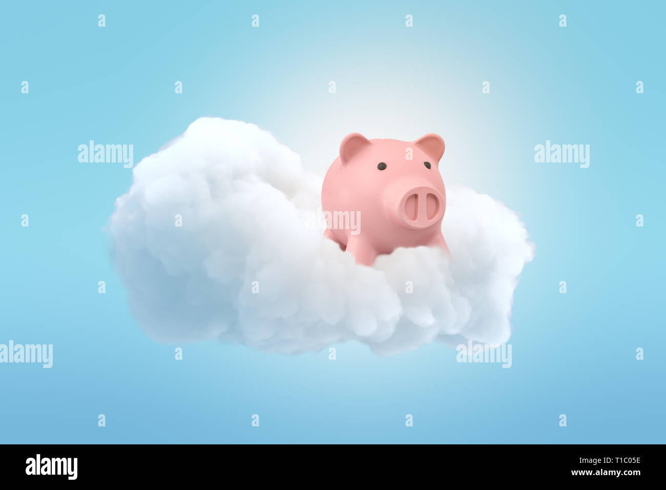 Le rendu 3D d'un cute pink piggy bank on a fluffy nuage blanc dans le ciel bleu. Banque D'Images