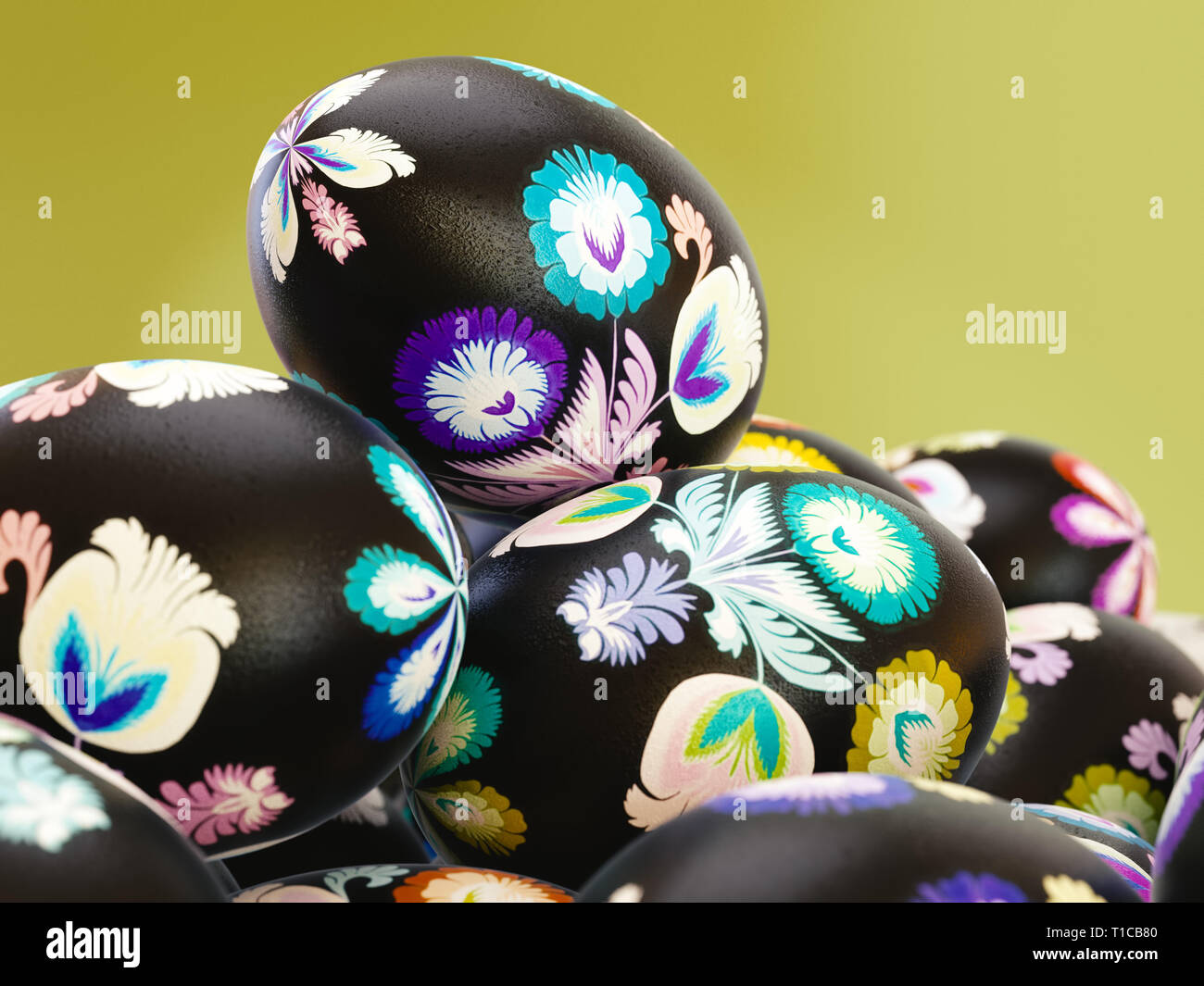 Le rendu 3D des oeufs de Pâques avec motif floral Polish folk sur noir Banque D'Images