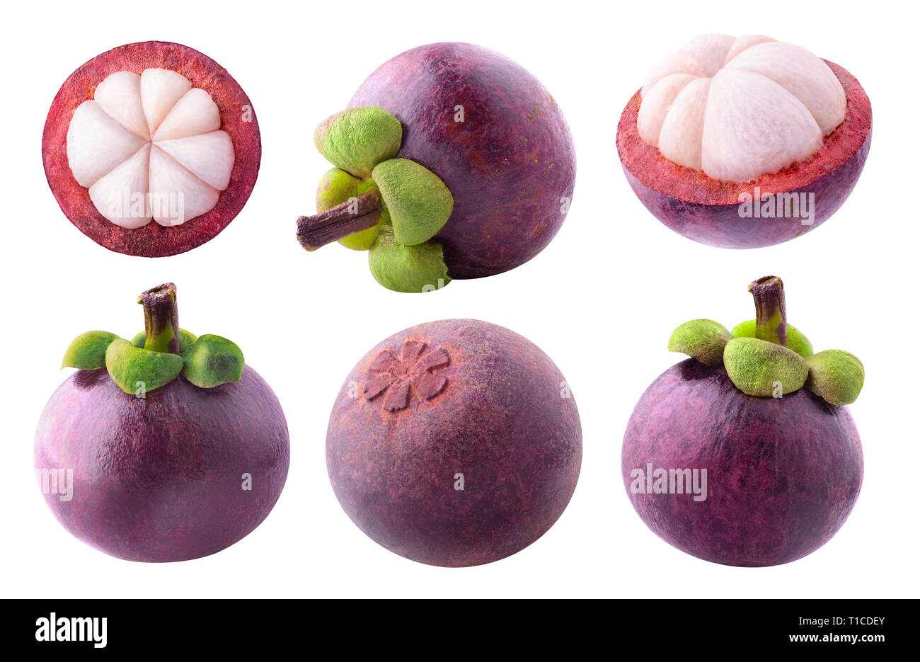 Les mangoustans isolés. Collection d'ensemble et coupe de fruits mangoustan isolé sur fond blanc avec clipping path Banque D'Images