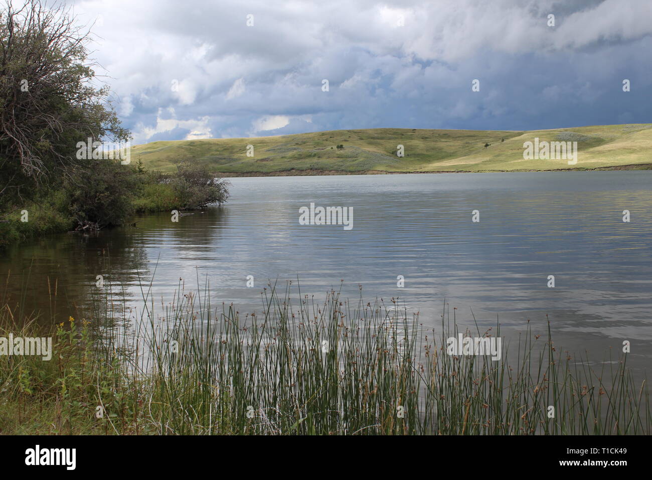 Storm formée au-dessus du lac des prairies avec des arbres et collines en arrière-plan Banque D'Images