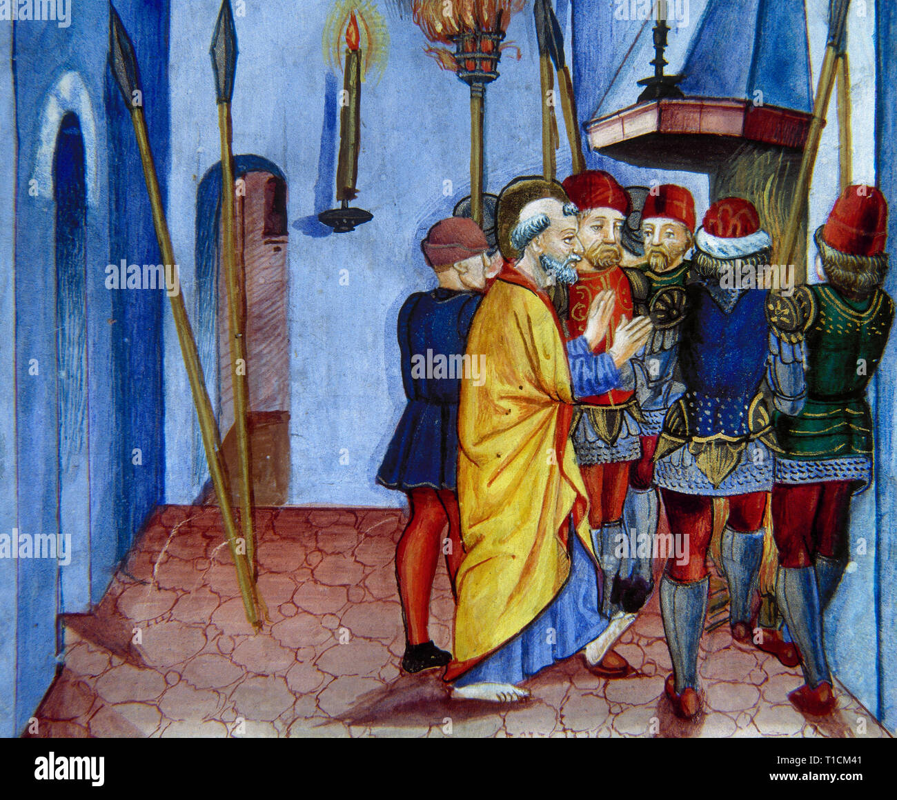 Cristofor de Predis (1440-1486). Miniaturiste italien. Représentant miniature Saint Pierre est fait prisonnier avant l'Hight Priest Annas. Le Codex de Predis, 1476. Bibliothèque royale. Turin. L'Italie. Banque D'Images