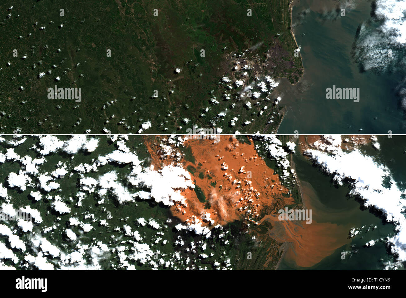 Inondations au Mozambique, avant et après l'arrivée du cyclone Idai en mars 2019 - contient des données Sentinel Copernicus modifiés (2019) Banque D'Images