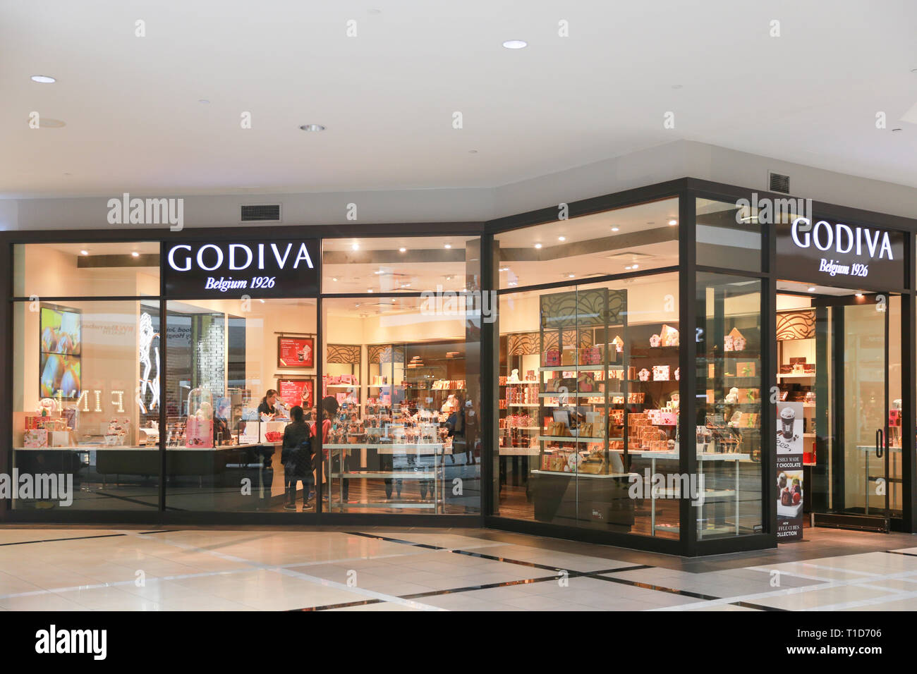 Lawrence Township dans le New Jersey, le 24 février 2019:Godiva store front chez Quaker Bridge Mall.. Godiva Chocolatier est un fabricant de chocolats haut de gamme Banque D'Images