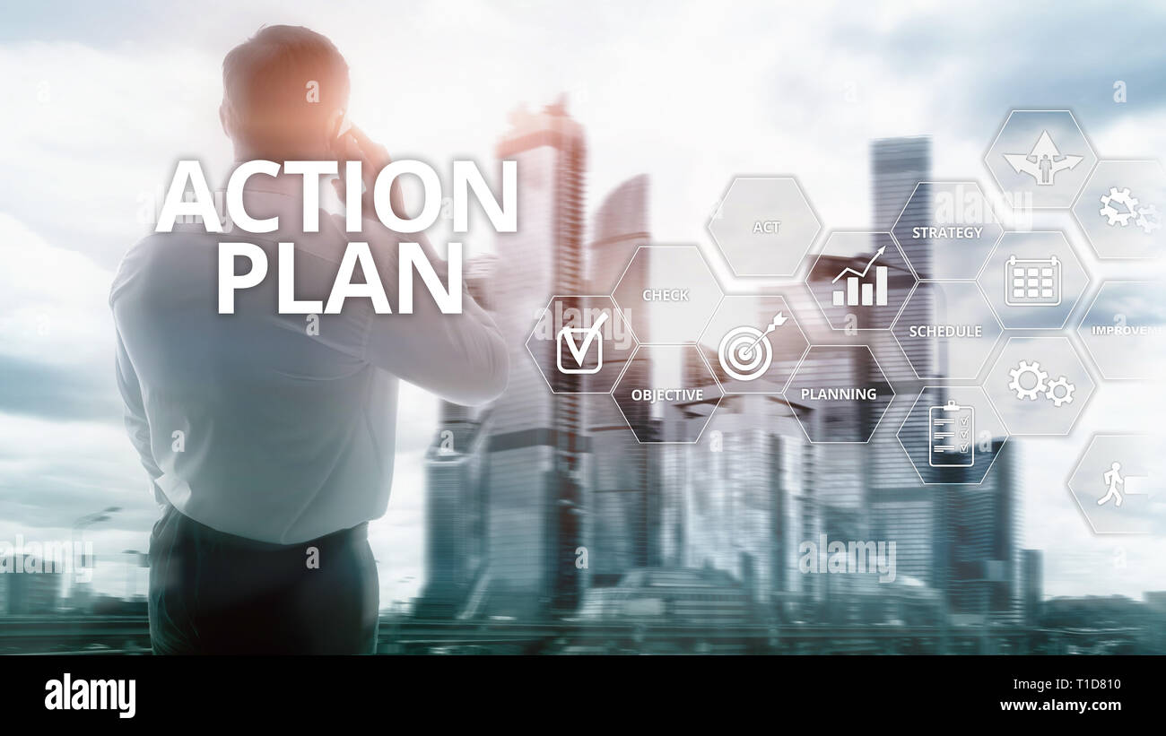 La planification de la Stratégie du Plan d'action Direction de Vision. Concept financier sur fond flou Banque D'Images