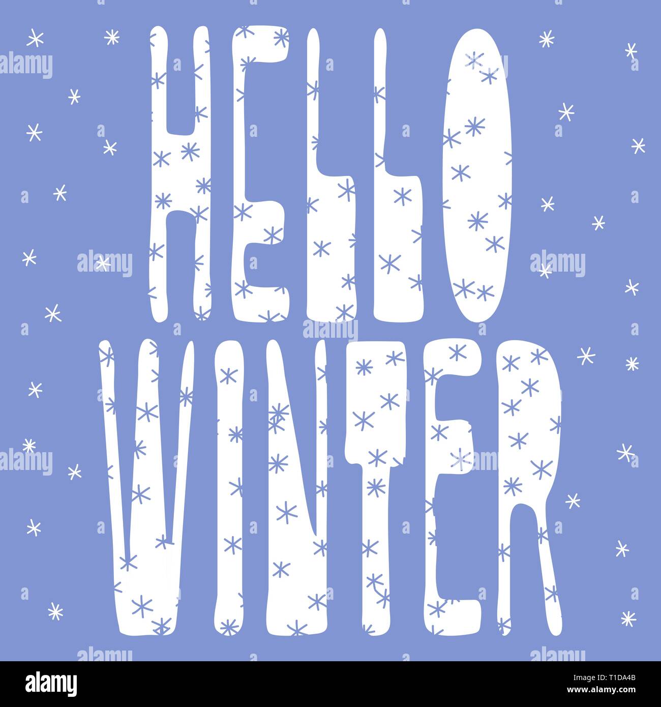 Inscription « Hello Winter ». Lettres avec flocons de neige peints. Dessin à la main, isoler, lettrage, typographie, traitement des polices, griffonnage. Pour les tee-shirts. Illustration de Vecteur