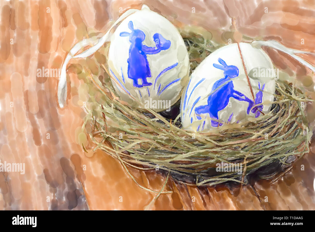 Illustration à l'aquarelle d'oeufs de pâques lapin blanc avec décor en nid. Banque D'Images