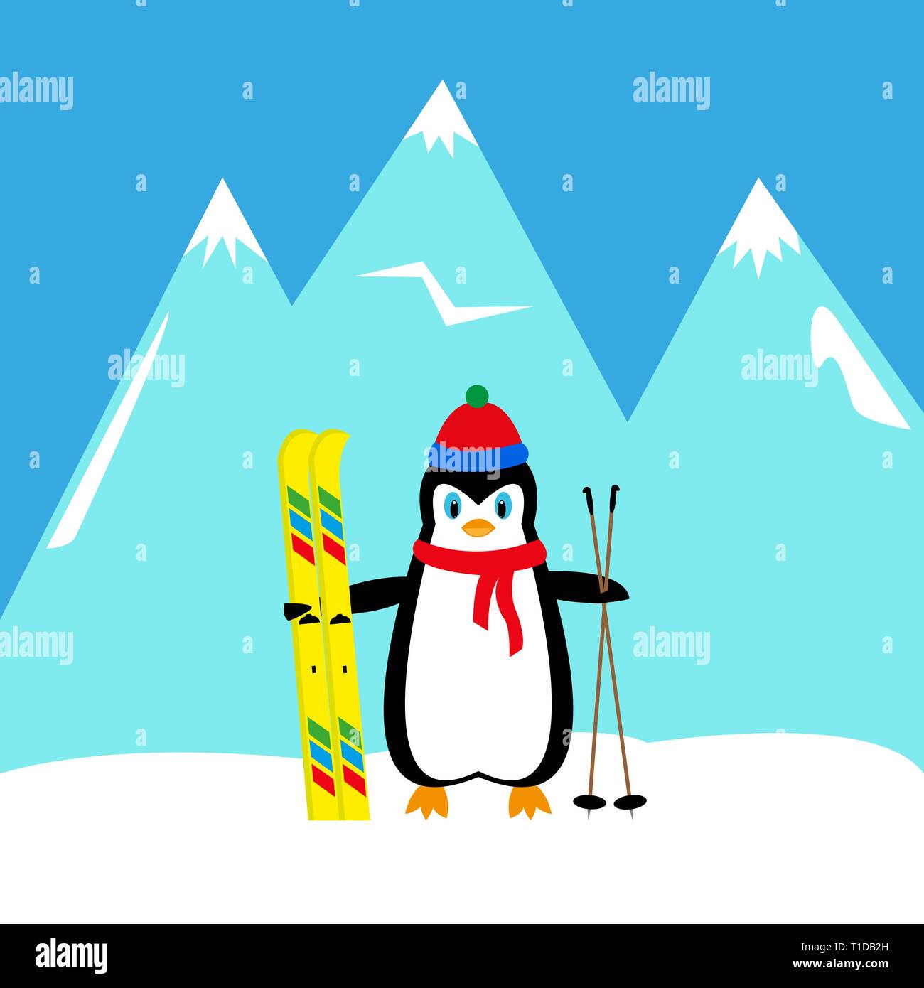 Penguin cartoon skieur dans les montagnes illustration Illustration de Vecteur