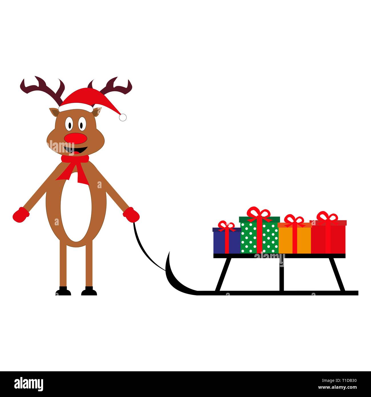Cartoon deer porte Nouvelle Année cadeaux sur un traîneau Illustration de Vecteur