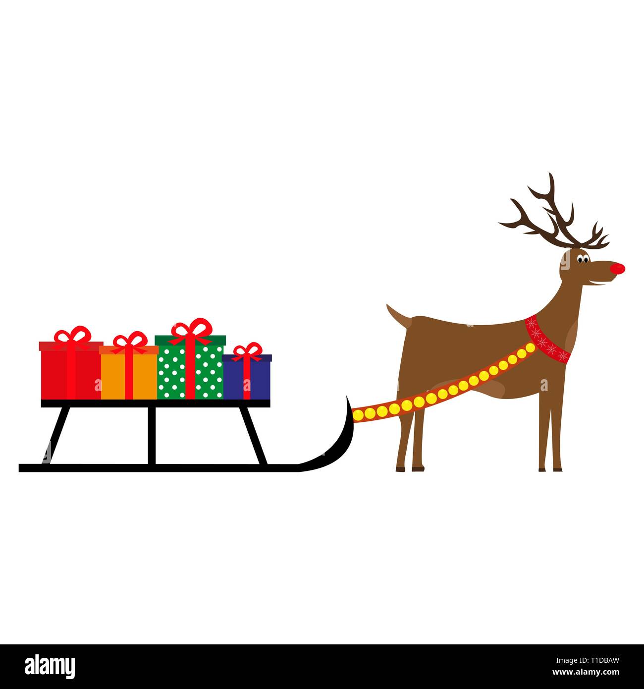 Cartoon deer porte Nouvelle Année cadeaux sur un traîneau vector Illustration de Vecteur