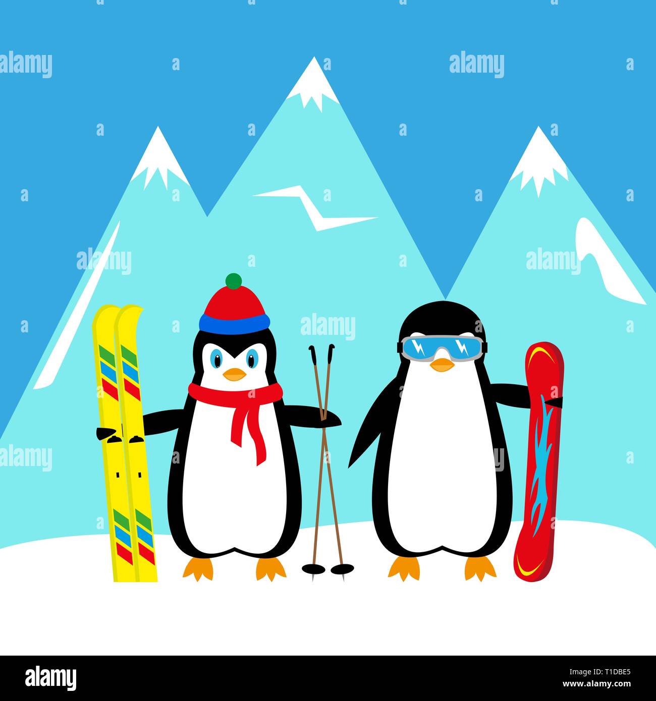 Cartoon pingouins skieur et snowboarder dans les montagnes Illustration de Vecteur
