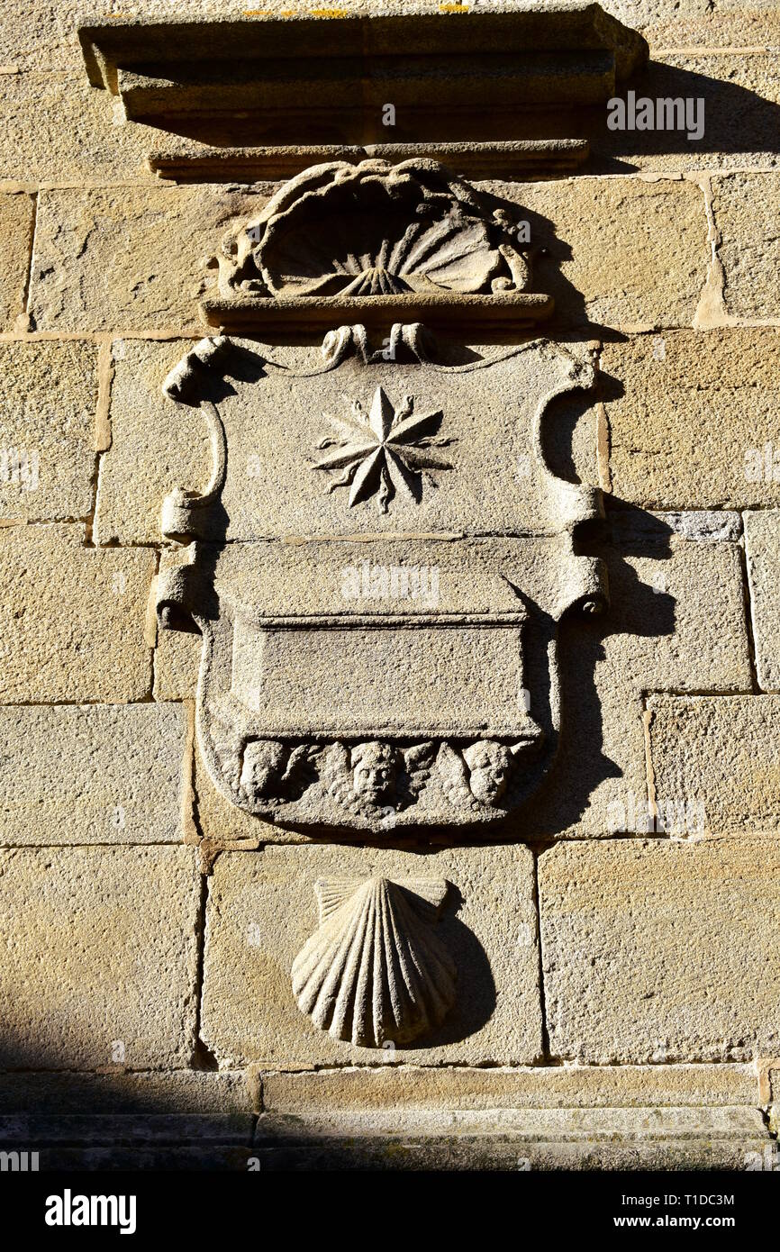Cathédrale, Santiago de Compostela, Espagne. La paroi latérale avec soulagement en pierre. Tombe de l'apôtre saint Jacques de Compostelle et symbole, coquille Saint-Jacques. Banque D'Images
