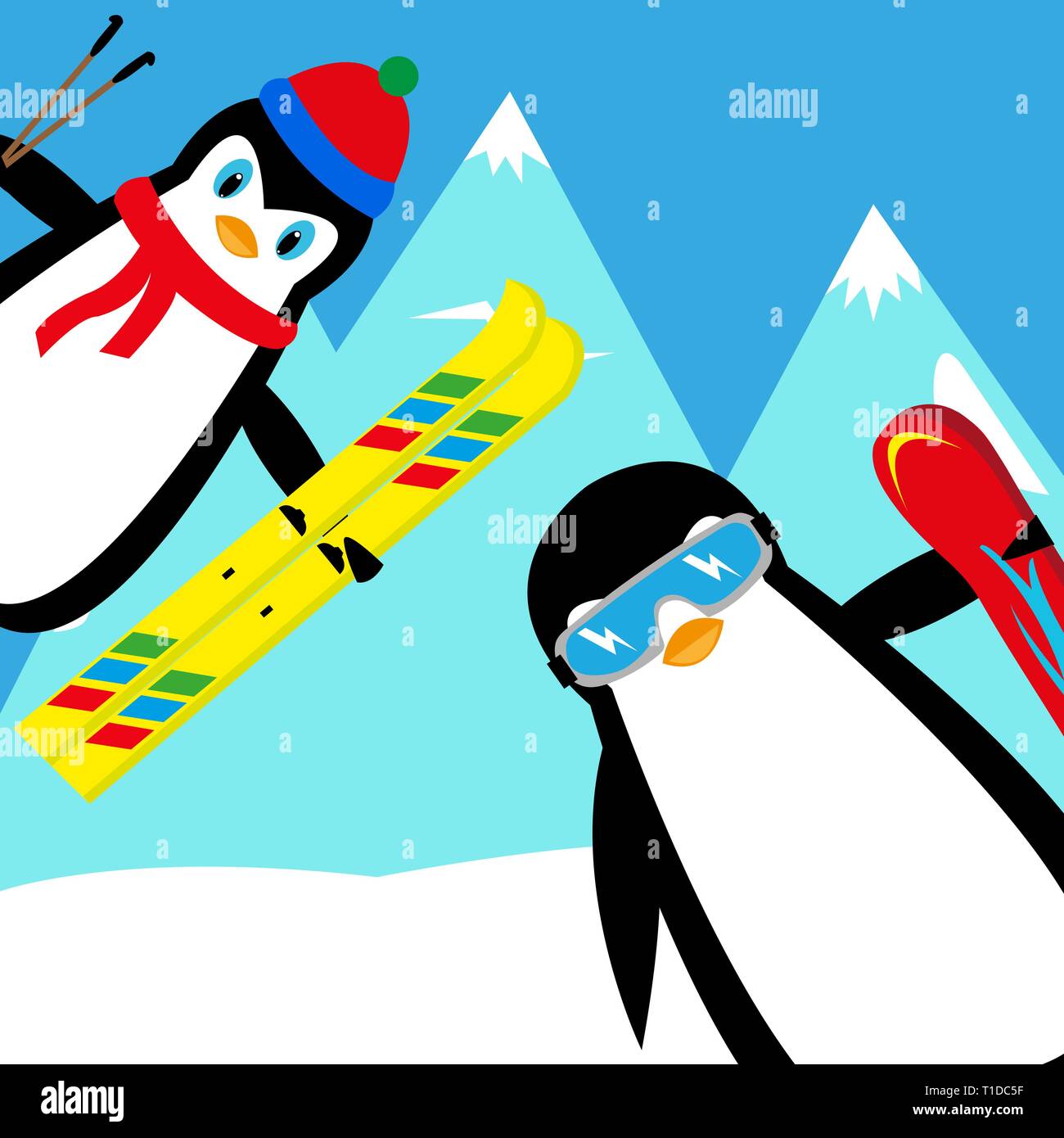 Cartoon pingouins skieur et snowboarder Illustration de Vecteur