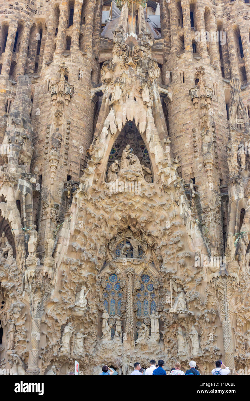 Barcelone, Espagne. Détail de l'église de la Sagrada Familia conçue par Antonio Gaudi. Banque D'Images