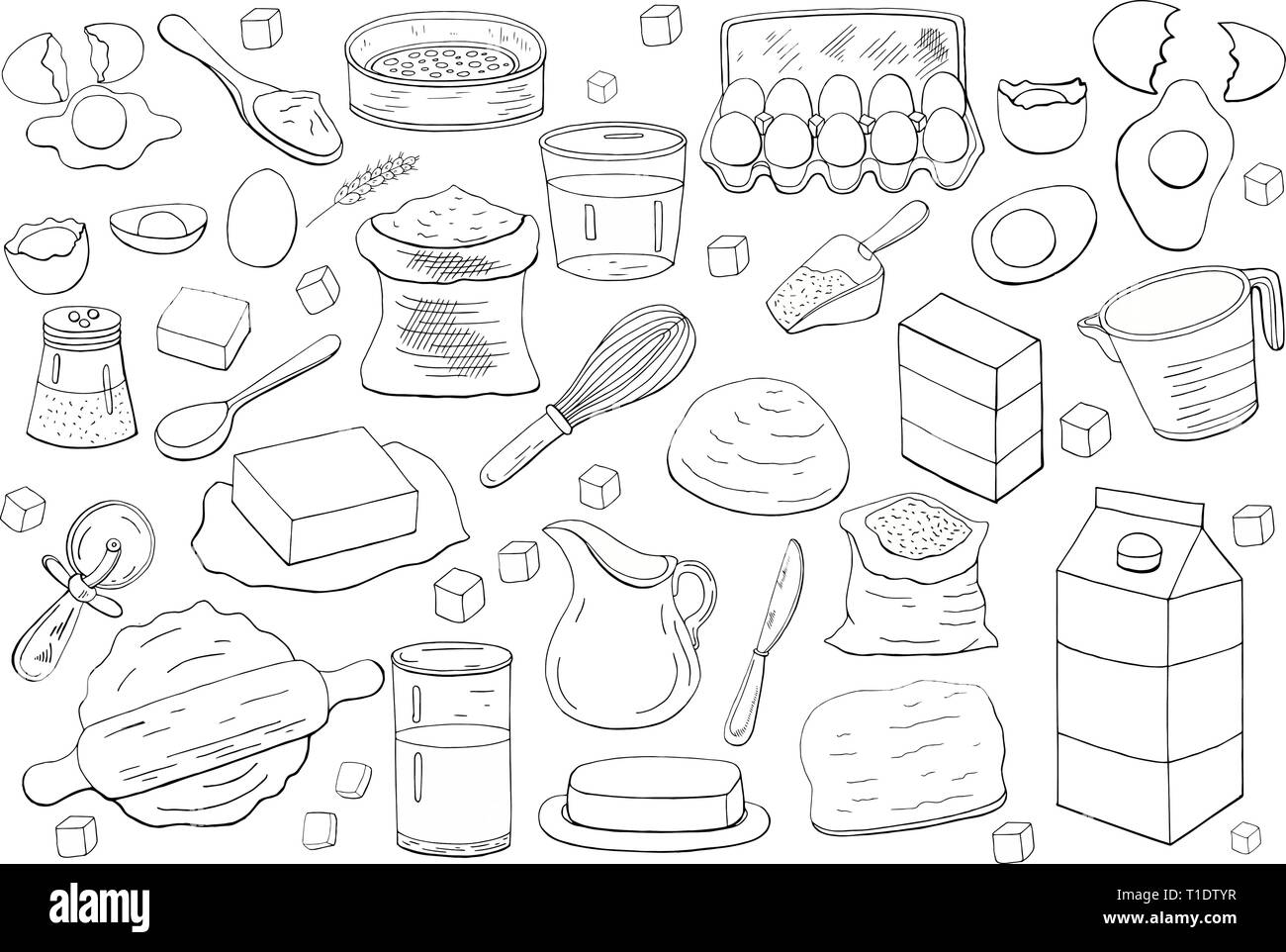 Les différents éléments de la pâte et accessoires de cuisine Illustration de Vecteur