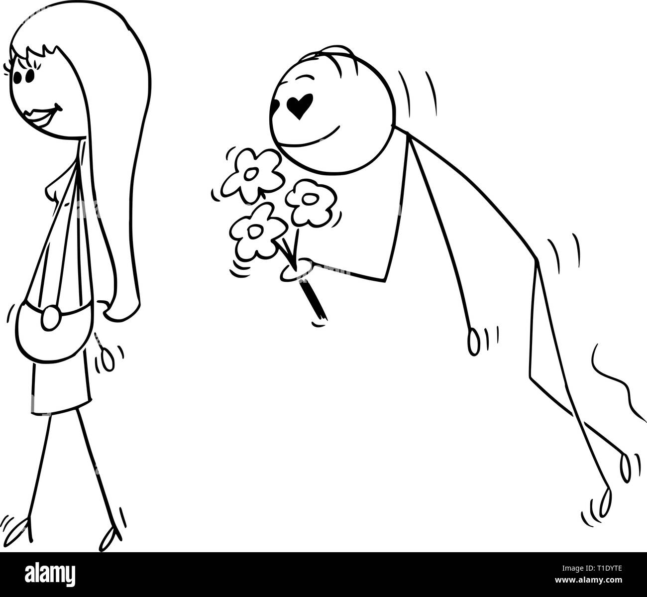Cartoon stick figure dessin illustration conceptuelle de belle belle jeune femme suivie d'amoureux ou amoureuse ou swain avec les yeux en forme de coeur et la tenue des fleurs. Illustration de Vecteur