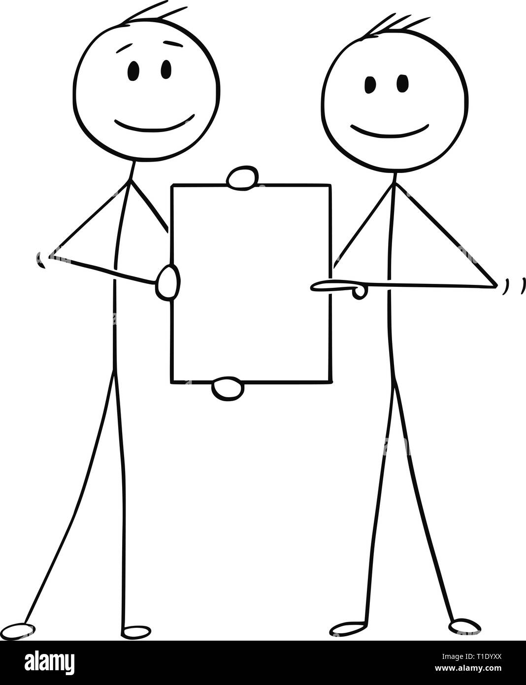 Cartoon stick figure dessin illustration conceptuelle de deux hommes d'affaires ou signe vide maintenant l'ensemble de votre texte. Illustration de Vecteur