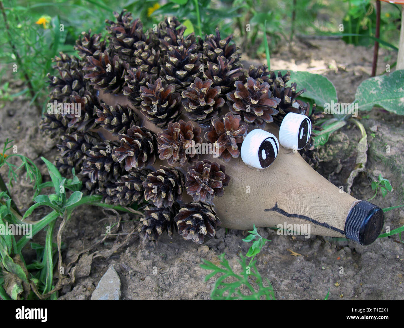 Hedgehog fabriqués à partir de bouteille en plastique et cônes Banque D'Images