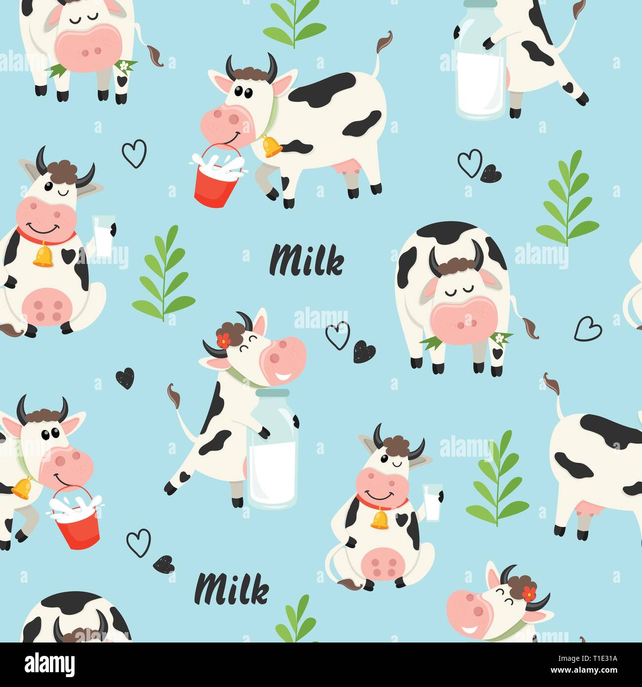 Modèle sans couture avec vaches et bouteille de lait de ferme Illustration de Vecteur