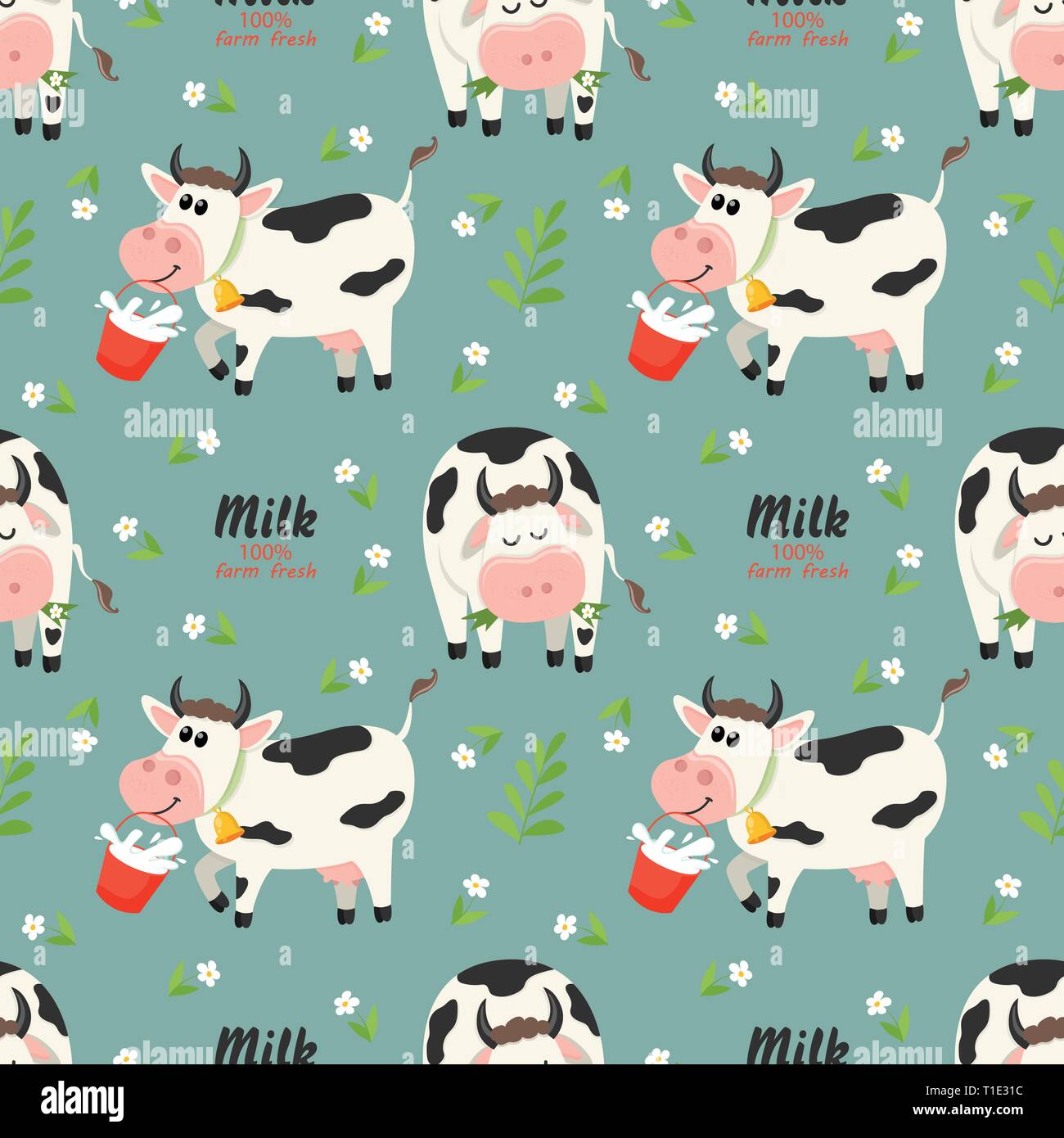 Modèle sans couture avec vaches et bouteille de lait de ferme Illustration de Vecteur