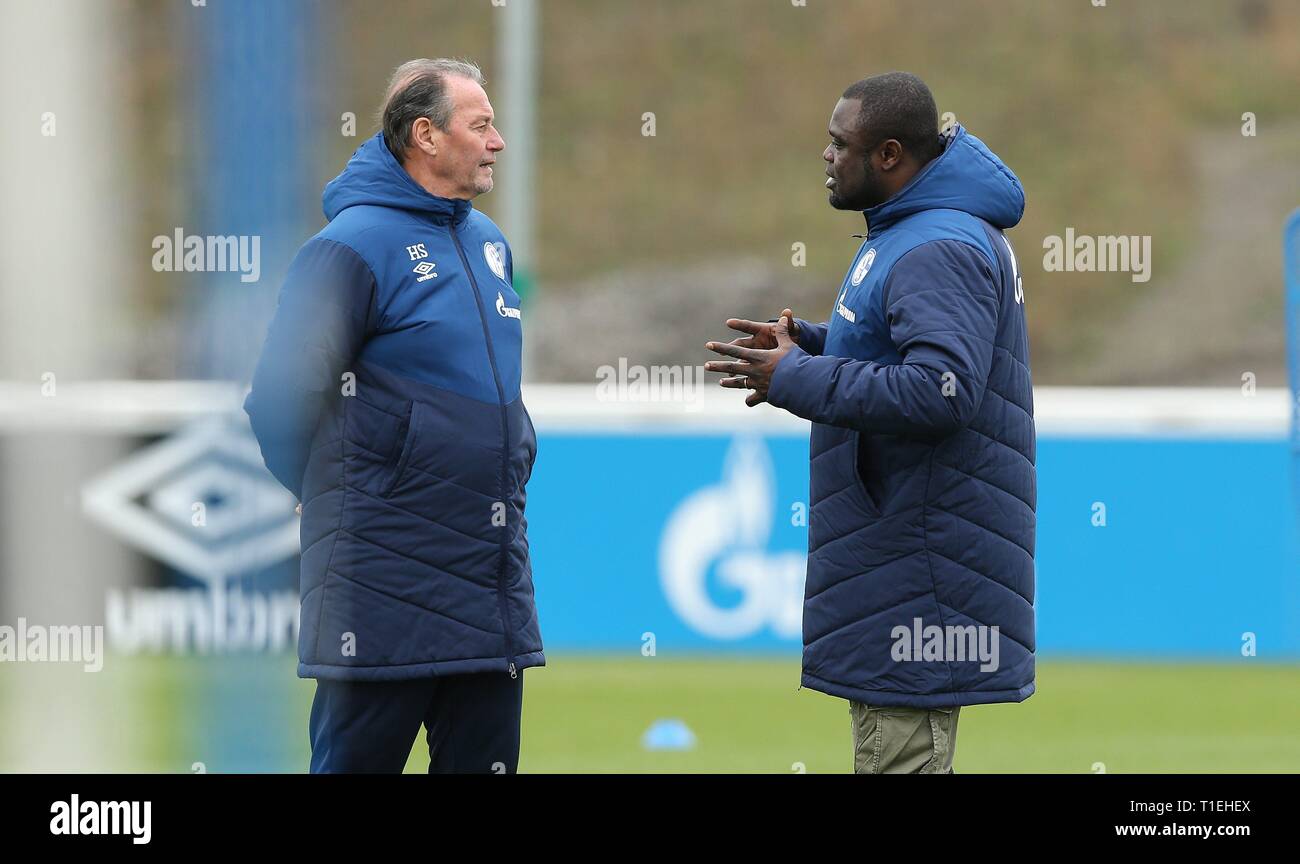 Gelsenkirchen, Allemagne. 26 Mar, 2019. firo : 26.03.2019, football, 1.Bundesliga, la saison 2018/2019, le FC Schalke 04, la formation, l'entraîneur Huub STEVENS, à gauche avec le gestionnaire de l'équipe de Gerald ASAMOAH | utilisée dans le monde entier : dpa Crédit/Alamy Live News Banque D'Images