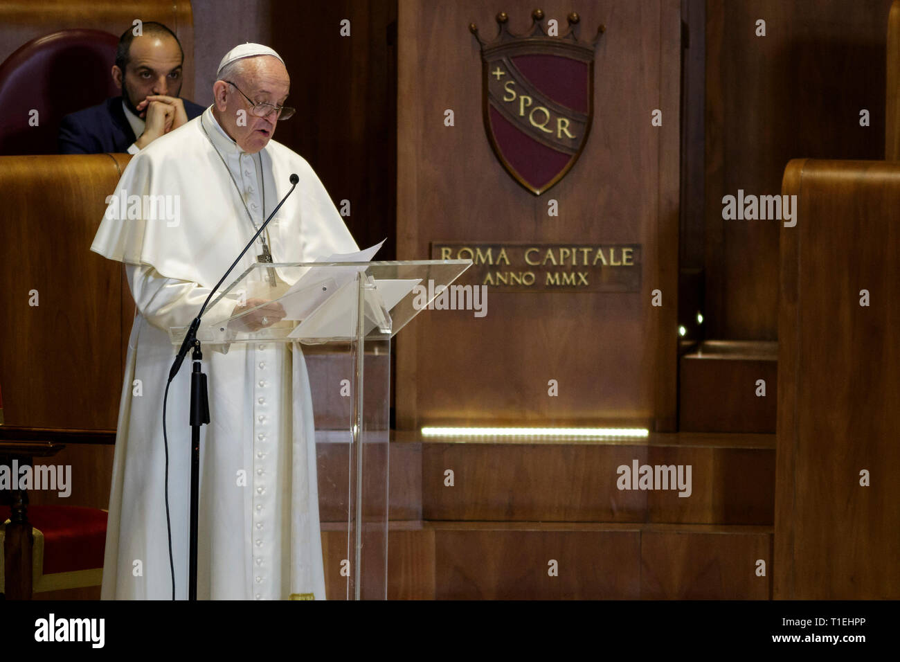 Rome, Italie. 26 mars, 2019. Le pape François visite le Campidoglio, la colline du Capitole à Rome. Credit : Giuseppe Ciccia/Alamy Live News Banque D'Images Rome, Italie. 26 mars, 2019. Le pape François visite le Campidoglio, la colline du Capitole à Rome. Credit : Giuseppe Ciccia/Alamy Live News Banque D'Images