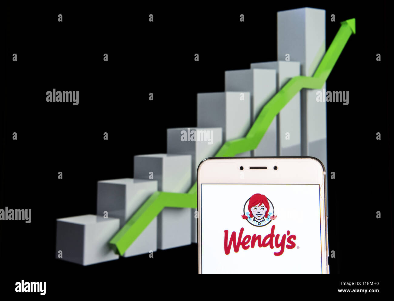 10 février 2019 - Hong Kong - Sur cette photo, l'illustration d'une chaîne de restauration rapide américaine Wendy's logo est vu sur un appareil mobile Android courbe de croissance avec une montée à l'arrière-plan. (Crédit Image : © Budrul Chukrut/SOPA des images à l'aide de Zuma sur le fil) Banque D'Images