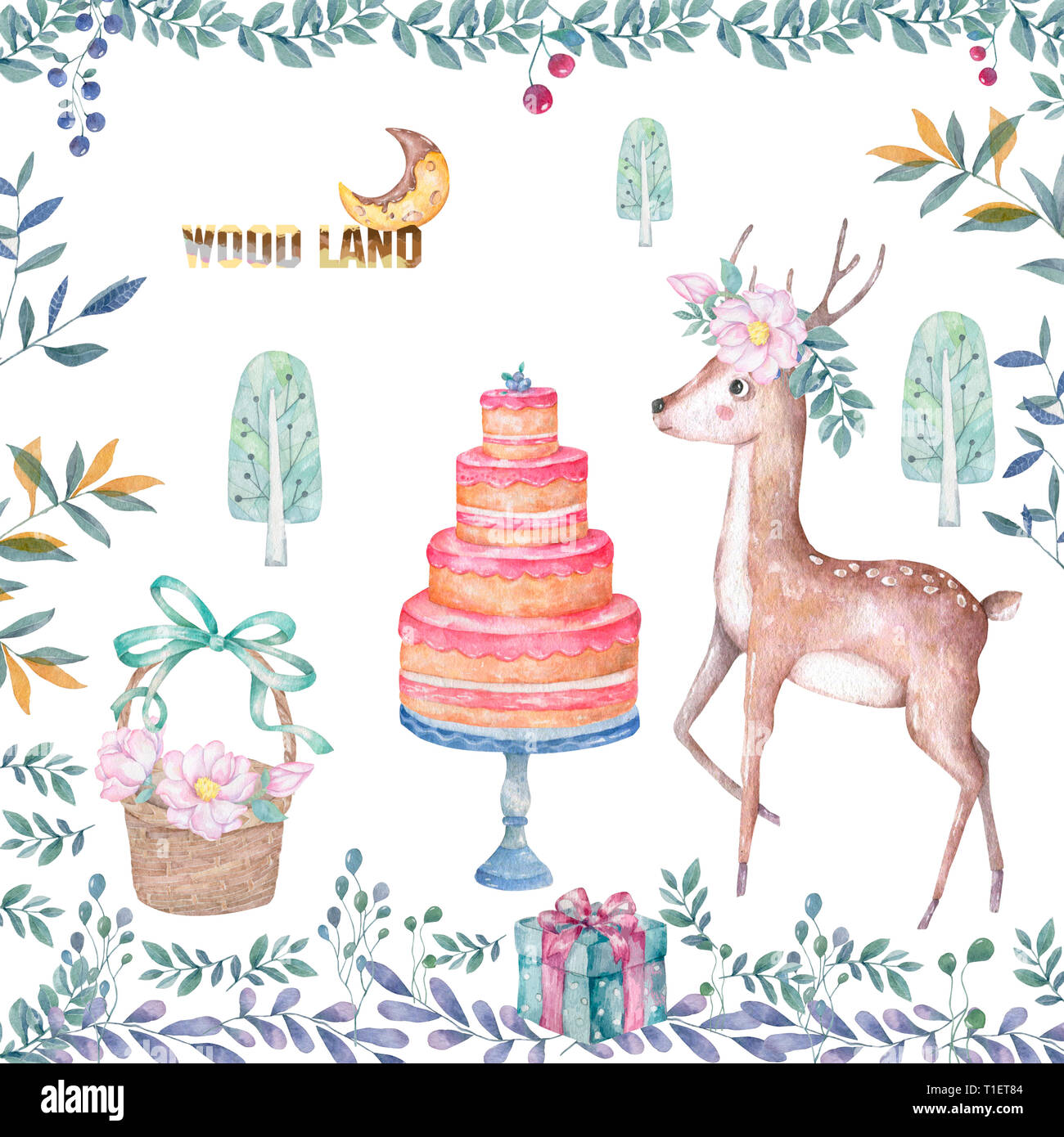 Mignon Bebe Chevreuil Et Roccoon Avec Gateau Savoureux Isoles Des Animaux L Illustration Pour Enfants Foret De Boheme Boho Aquarelle Aquarelle Dessin Famille Des Cervides Photo Stock Alamy