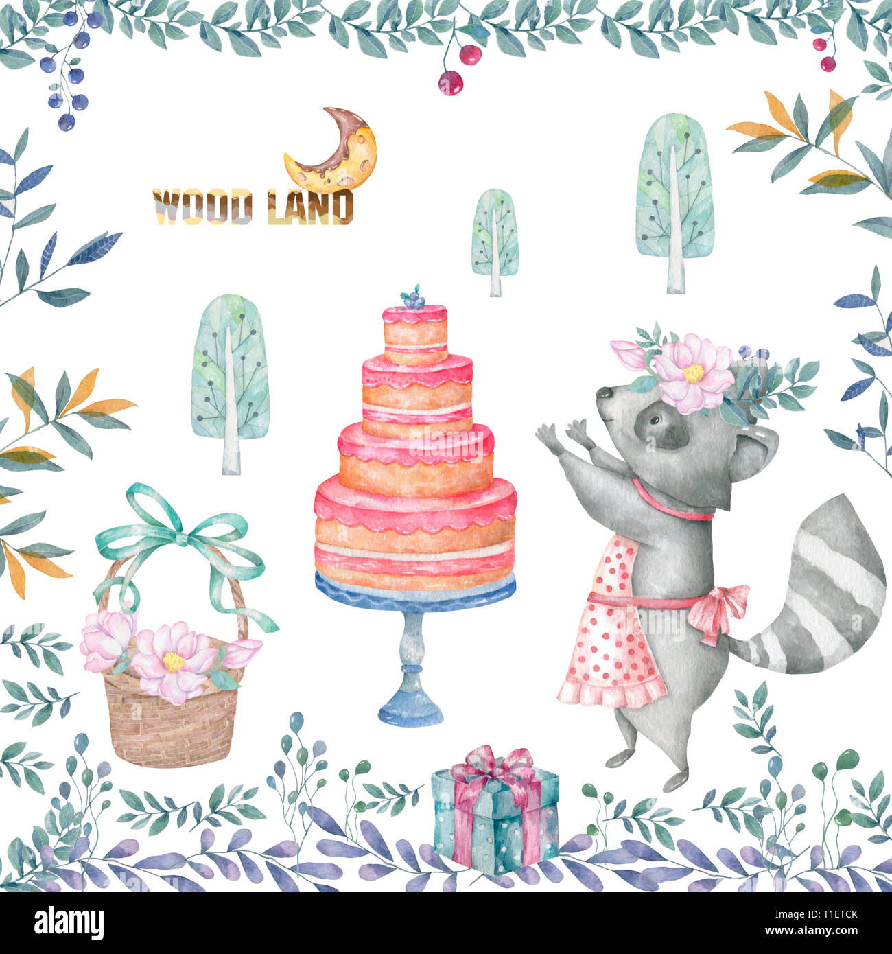 Mignon Bebe Chevreuil Et Roccoon Avec Gateau Savoureux Isoles Des Animaux L Illustration Pour Enfants Foret De Boheme Boho Aquarelle Aquarelle Dessin Famille Des Cervides Photo Stock Alamy