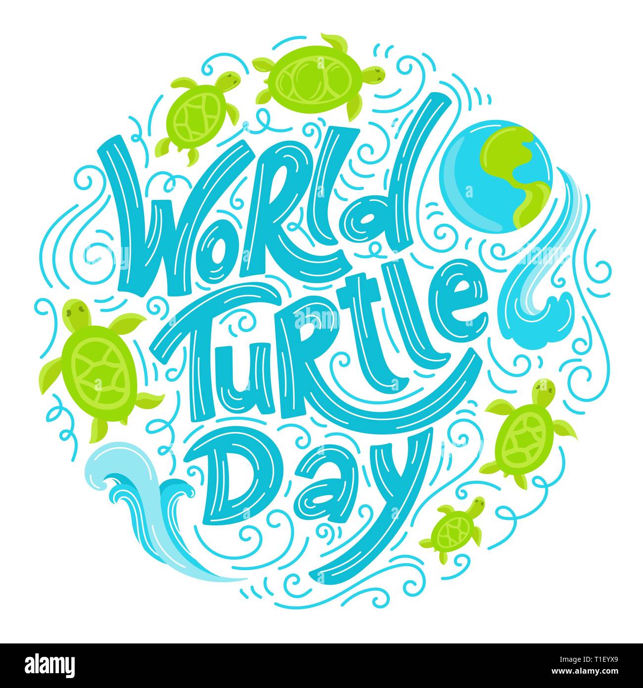 Fond de la Journée mondiale de la tortue. Lettrage avec éléments dessinés à la main. Style doodle moderne. Illustration de Vecteur