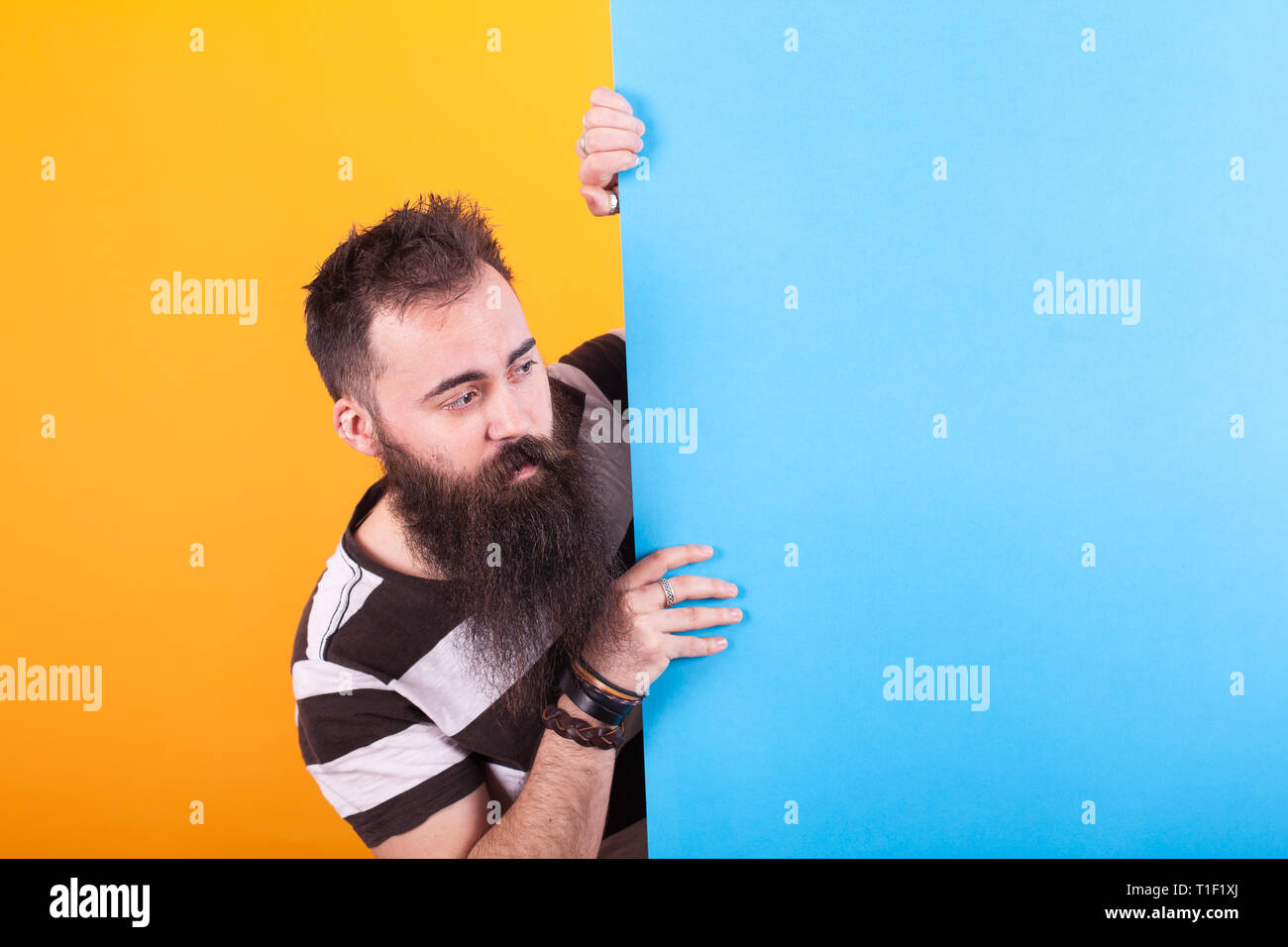 Portrait d'homme barbu coller la tête derrière un panneau bleu sur fond jaune. Bel homme. Banque D'Images