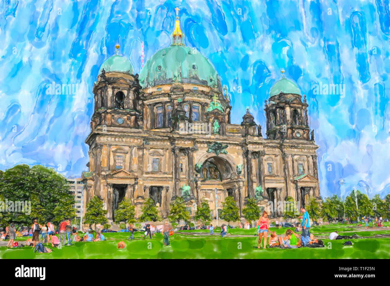 Illustration à l'aquarelle la cathédrale de Berlin. Les gens se reposant à pré. Cathédrale de Berlin en arrière-plan. Banque D'Images