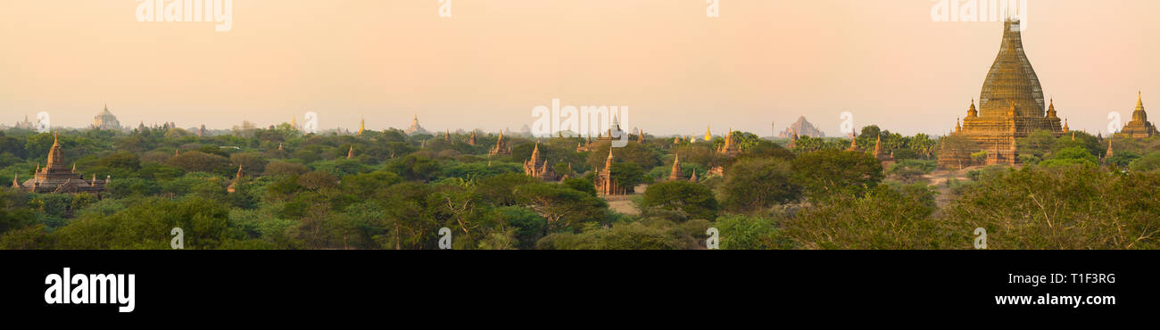 Superbe vue panoramique de la ville ancienne Bagan (anciennement païenne) au coucher du soleil. Le site archéologique de Bagan est une attraction principale de Myanmar. Banque D'Images