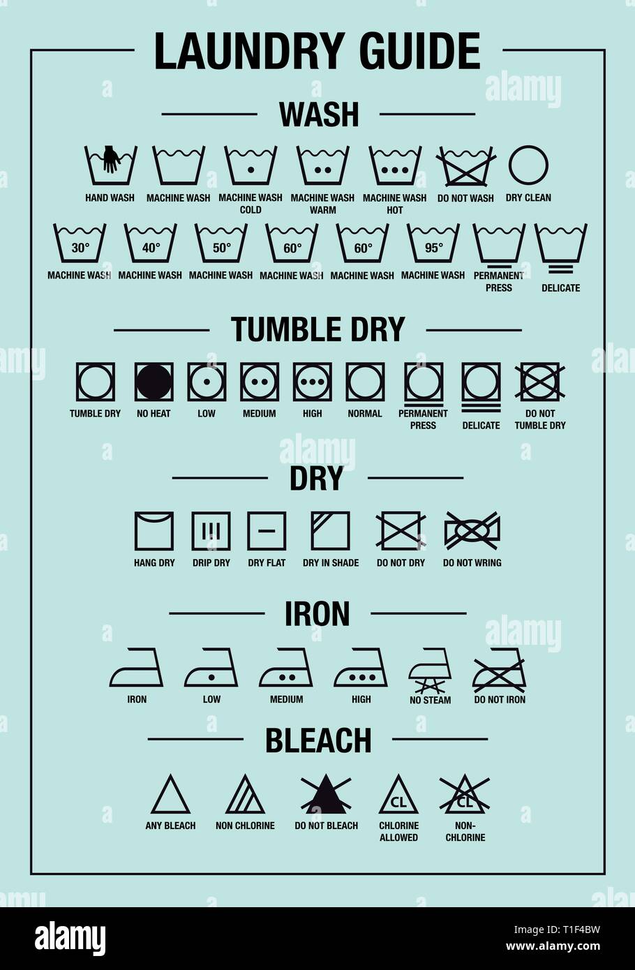 Guide de blanchisserie et de soins imprimer l'art des signes, symboles de lavage de textiles pour les tags, étiquettes, ensemble d'éléments de conception graphique de vecteur Illustration de Vecteur