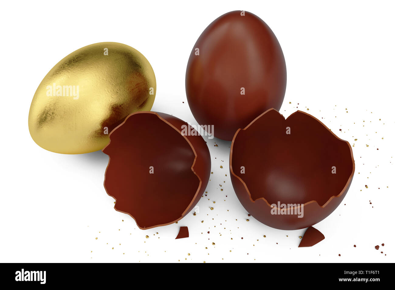 De luxe d'or et d'oeufs de pâques en chocolat. Cassé, fissuré œuf en chocolat. Moelleux au chocolat, oeufs, maison de vacances de Pâques et symbole. 3D illustration Banque D'Images