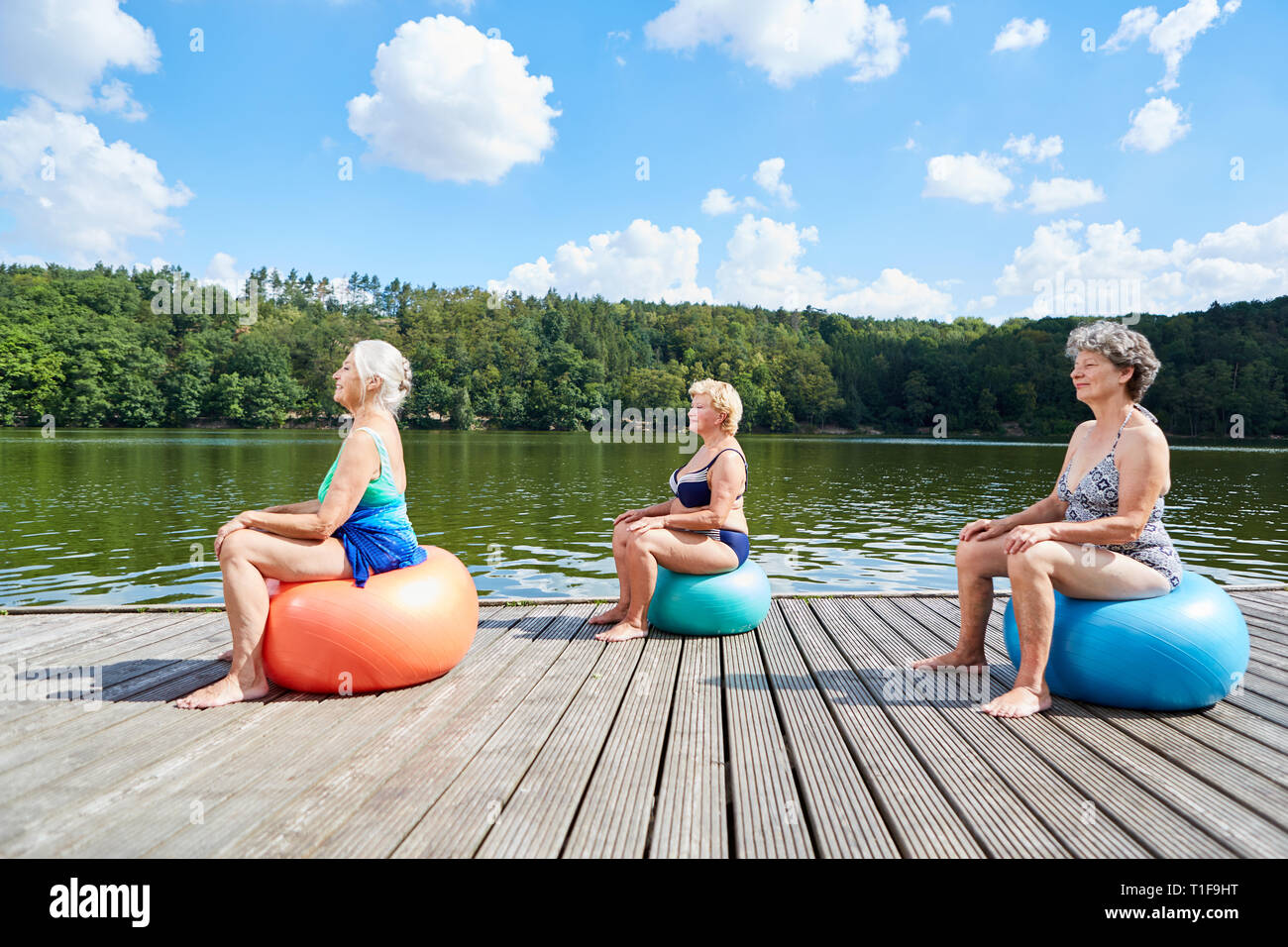 Groupe de femmes âgées à la réhabilitation de la formation de retour avec ballon de gymnastique au bord du lac en été Banque D'Images