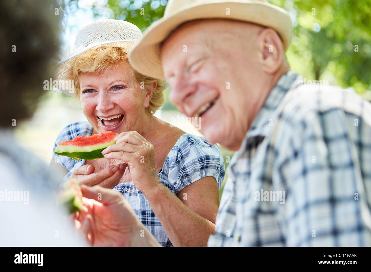 Happy senior couple sur une sortie nature en mangeant melon Banque D'Images