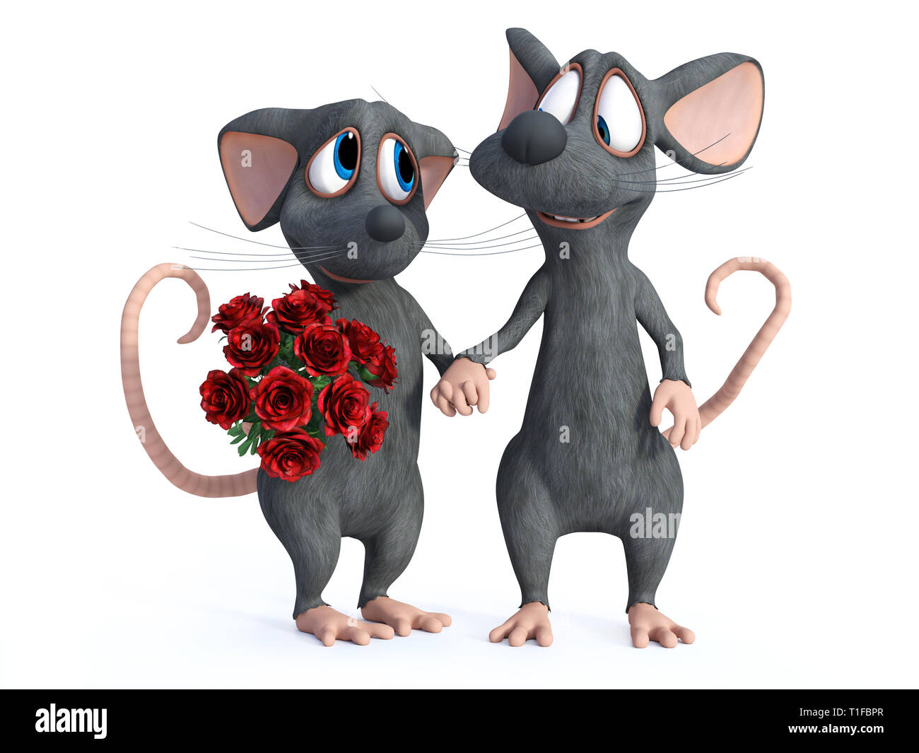 Le rendu 3D d'un dessin animé sourire tenant la main de la souris avec son mignon ce jour qui tient un bouquet de roses rouges. Ils sont prêts pour une escapade romantique valentin Banque D'Images