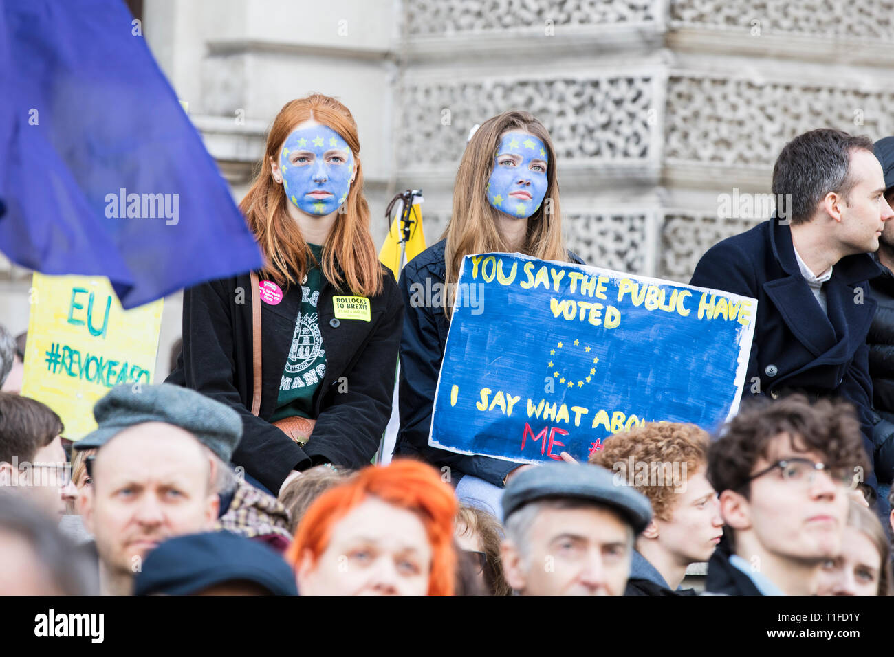 Londres, Royaume-Uni - 23 mars 2019 : Les gens avec drapeau de l'Union européenne face à la peinture un Brexit mars Banque D'Images
