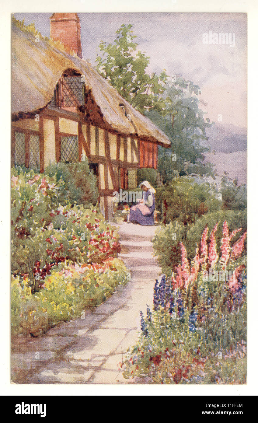 Carte postale originale d'Anne Hathaway, le jardin idyllique du Country Cottage à Stratford-upon-Avon, Warwickshire, Royaume-Uni, vers les années 1910 Banque D'Images