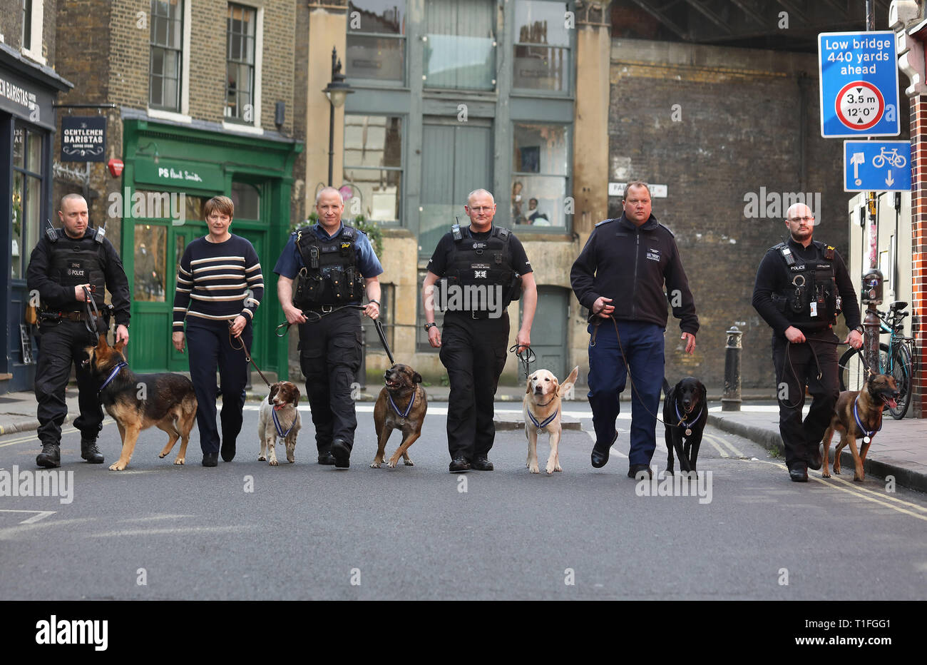 (De gauche à droite) PD Marci avec PC gestionnaire Neil Billany, PD Kai avec PC gestionnaire Jean Pearce, PD Delta avec handler PC Mark Snoxhall, PD Bruno avec handler Rob Smith, Dave PD avec PC gestionnaire Andy Salter et PD avec Jax PC gestionnaire Craig Howarth à Borough Market à Londres où les chiens ont été honorés avec l'APSS Ordre de mérite pour aider les services d'urgence au cours de la 2017 attentats terroristes à Londres Westminster Bridge, London Bridge et Borough Market. Banque D'Images