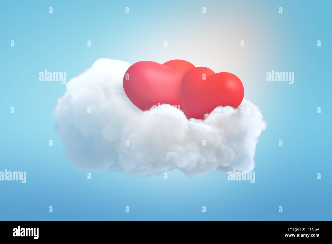 Le rendu 3d de deux coeurs rouges sur nuage blanc sur fond bleu Banque D'Images