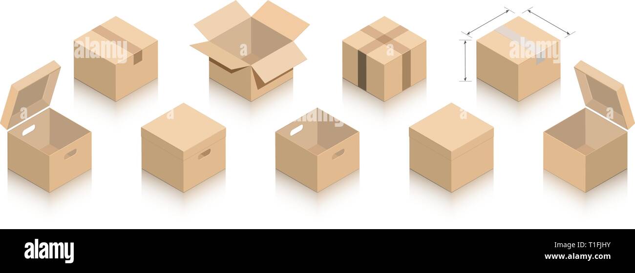 Ensemble de boîtes miniatures dans les versions ouvertes et fermées de carton brun clair pour les badges, de la publicité, des bannières, des sites de remplissage. Style isométrique. Illustration de Vecteur
