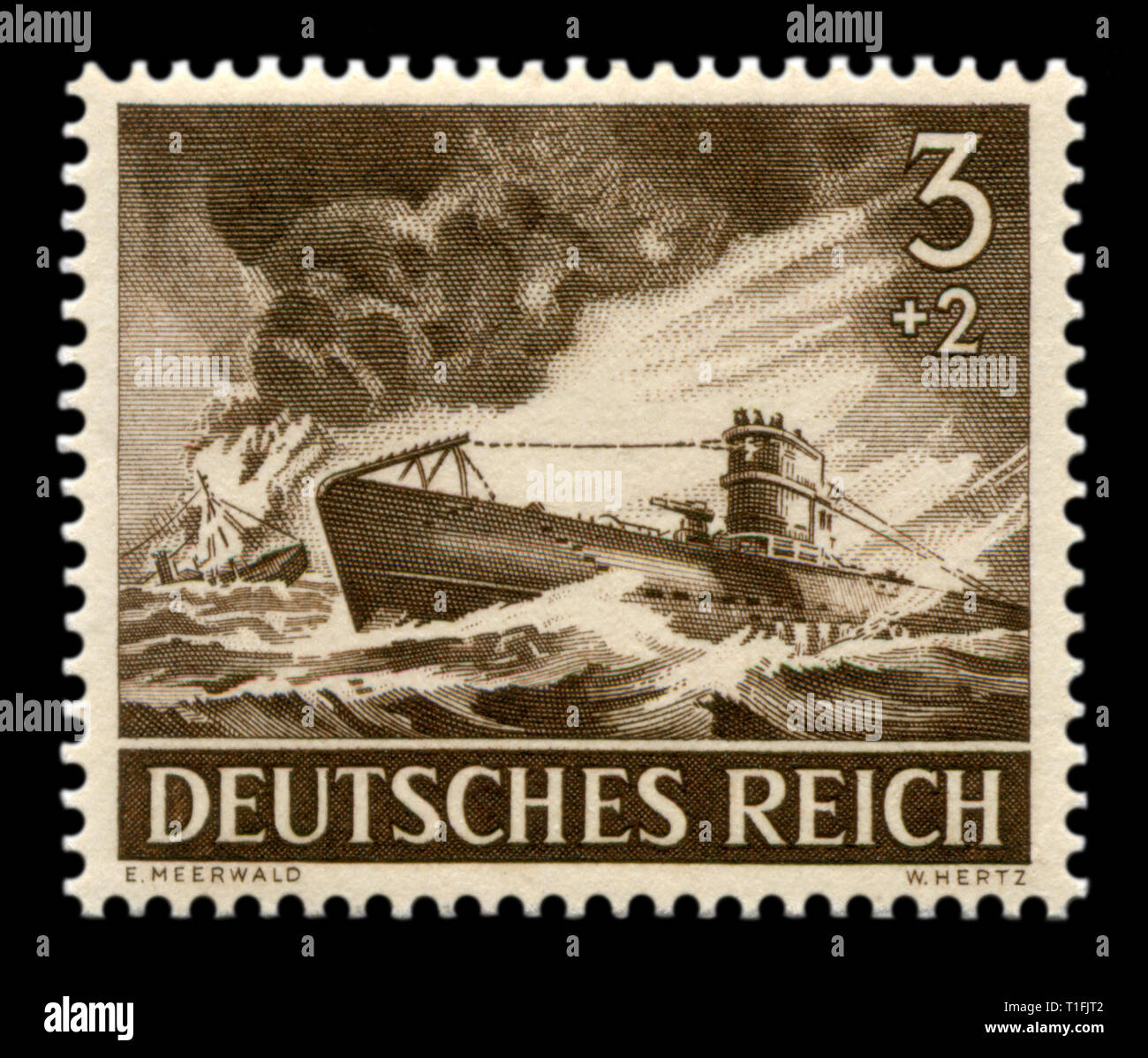 Historique allemand stamp : U-boat type VII, un sous-marin le plus courant, la Kriegsmarine le navire ennemi est en feu et le naufrage, Wehrmacht, Memorial Day 43 Banque D'Images