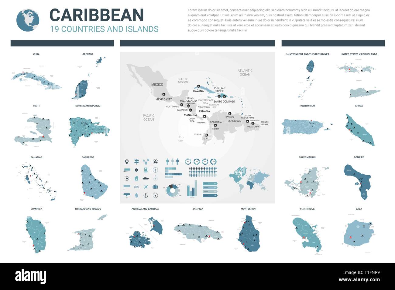 Jeu de cartes vectorielles. 19 cartes détaillées élevé de pays des Caraïbes, une division administrative et villes. Une carte politique, carte des Caraïbes, monde Illustration de Vecteur