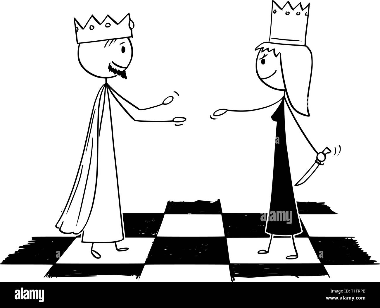 Cartoon stick figure dessin illustration conceptuelle de white chess king est chaleureuse, la reine noire se cacher le couteau et faire semblant d'amitié. Illustration de Vecteur
