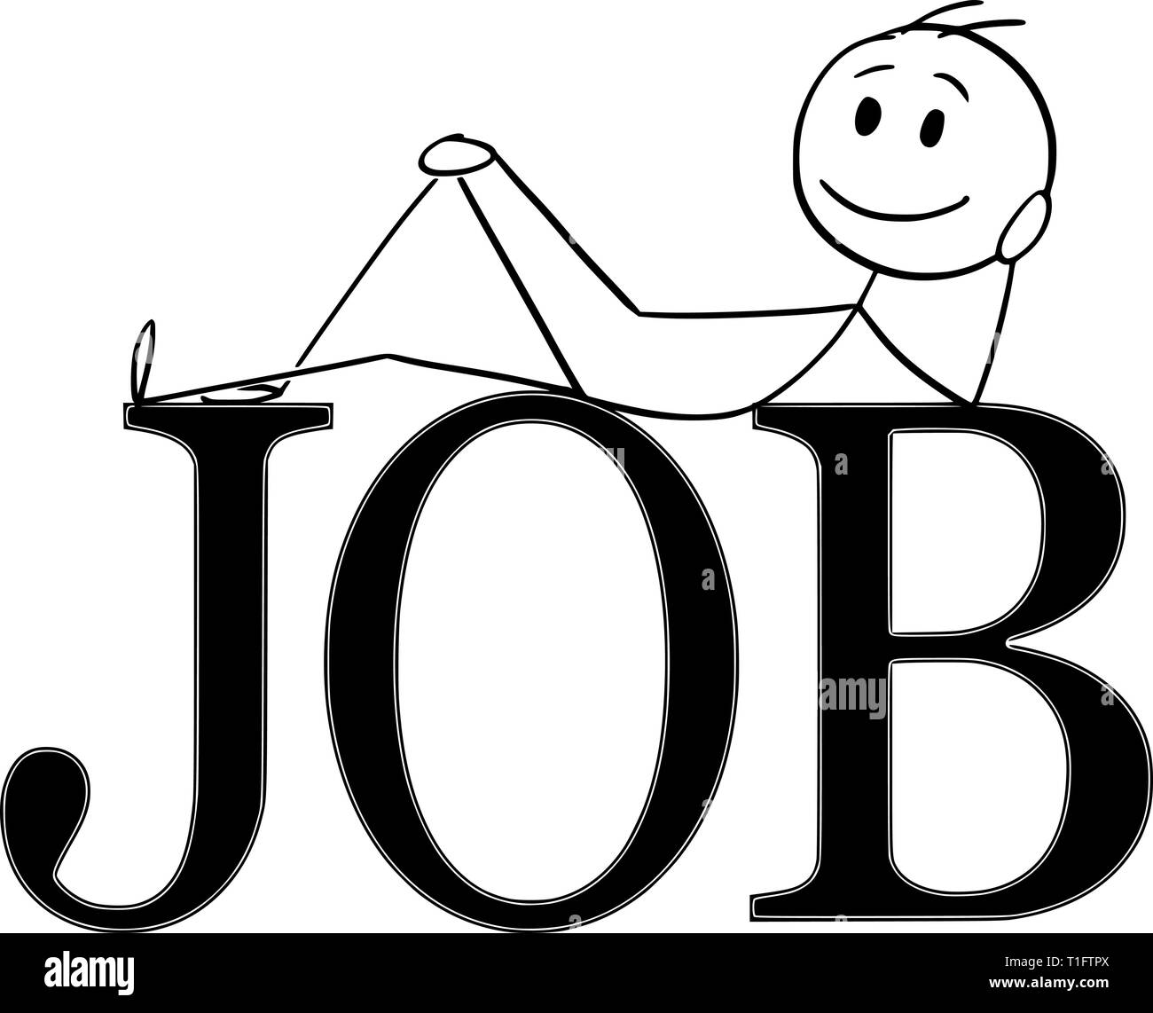 Cartoon stick figure dessin illustration conceptuelle heureux et positif de l'homme étendu sur grandes lettres ou d'un texte indiquant que travail. Travail ou d'emploi concept. Illustration de Vecteur